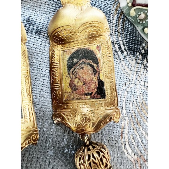 Vintage Tim Lambert Designer Gold Plated Russian Iconography Dangle Earrings/Cli - Picture 2 of 9